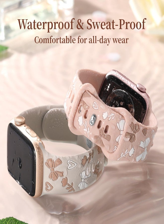 Lerobo Floral Engraved Band Compatible with Apple Watch Bands for Women 45mm 46mm 44mm 42mm 40mm 41mm 49mm, Cute Bow Soft Silicone Dressy Wrist Strap for iWatch Series 11 10 9 8 7 6 5 4 3 2 1 SE Ultra - Image 4