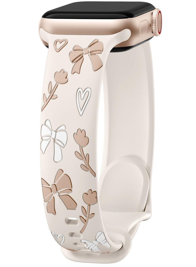 Lerobo Floral Engraved Band Compatible with Apple Watch Bands for Women 45mm 46mm 44mm 42mm 40mm 41mm 49mm, Cute Bow Soft Silicone Dressy Wrist Strap for iWatch Series 11 10 9 8 7 6 5 4 3 2 1 SE Ultra - Image 1