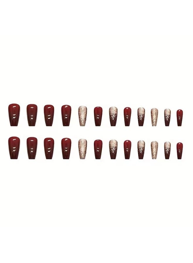 Goolsky 24pcs Golden Glitter Square Press On Nails - Medium Size Acrylic Wine Red Design for Bridal Wedding Use - Image 5