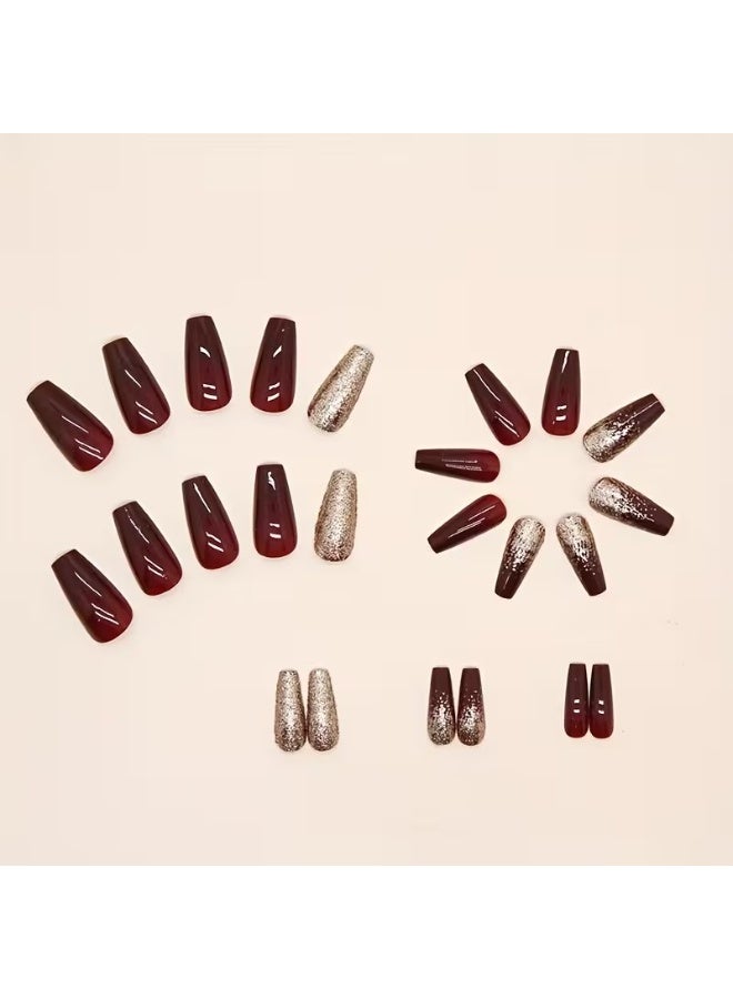 Goolsky 24pcs Golden Glitter Square Press On Nails - Medium Size Acrylic Wine Red Design for Bridal Wedding Use - Image 1