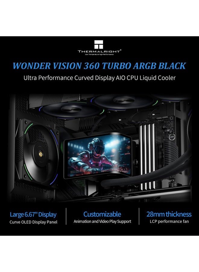 Thermalright Wonder Vision 360 Turbo ARGB Black AIO CPU Cooling,CPU Water Cooler System,6.67inch Curved Screen with 2400x1080 Resolution,for AM4/AM5,LGA1851/1700,7:3 Visual Scale Screen Ratio for 3D - Image 2