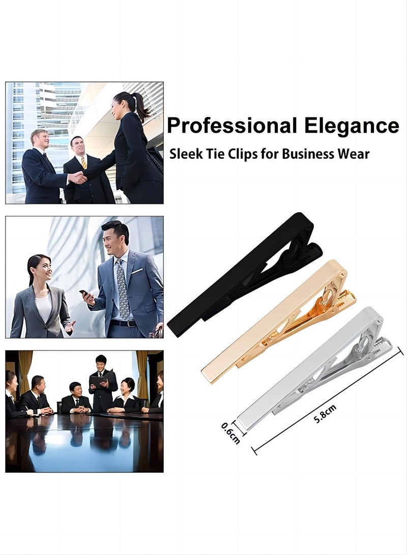 Men's Tie Clips 3-Pack Metal Tie Tack Bar Black Gold Silver Simple Design for Wedding Business Daily Use - Image 2