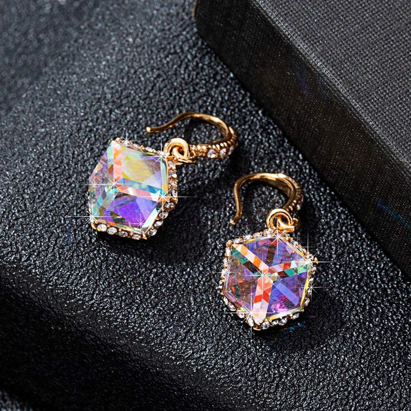 EVEVIC Austrian Crystal Cube Drop Dangle Earrings for Women 14K Gold Plated Hypoallergenic Jewelry (Aurora Borealis) - Image 5