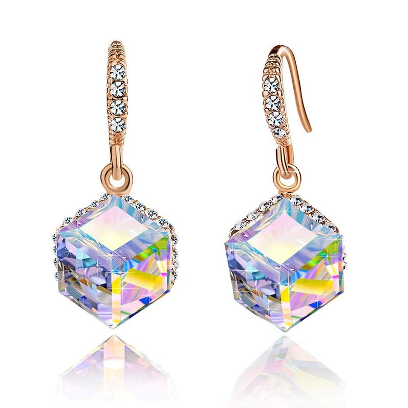EVEVIC Austrian Crystal Cube Drop Dangle Earrings for Women 14K Gold Plated Hypoallergenic Jewelry (Aurora Borealis) - Image 1