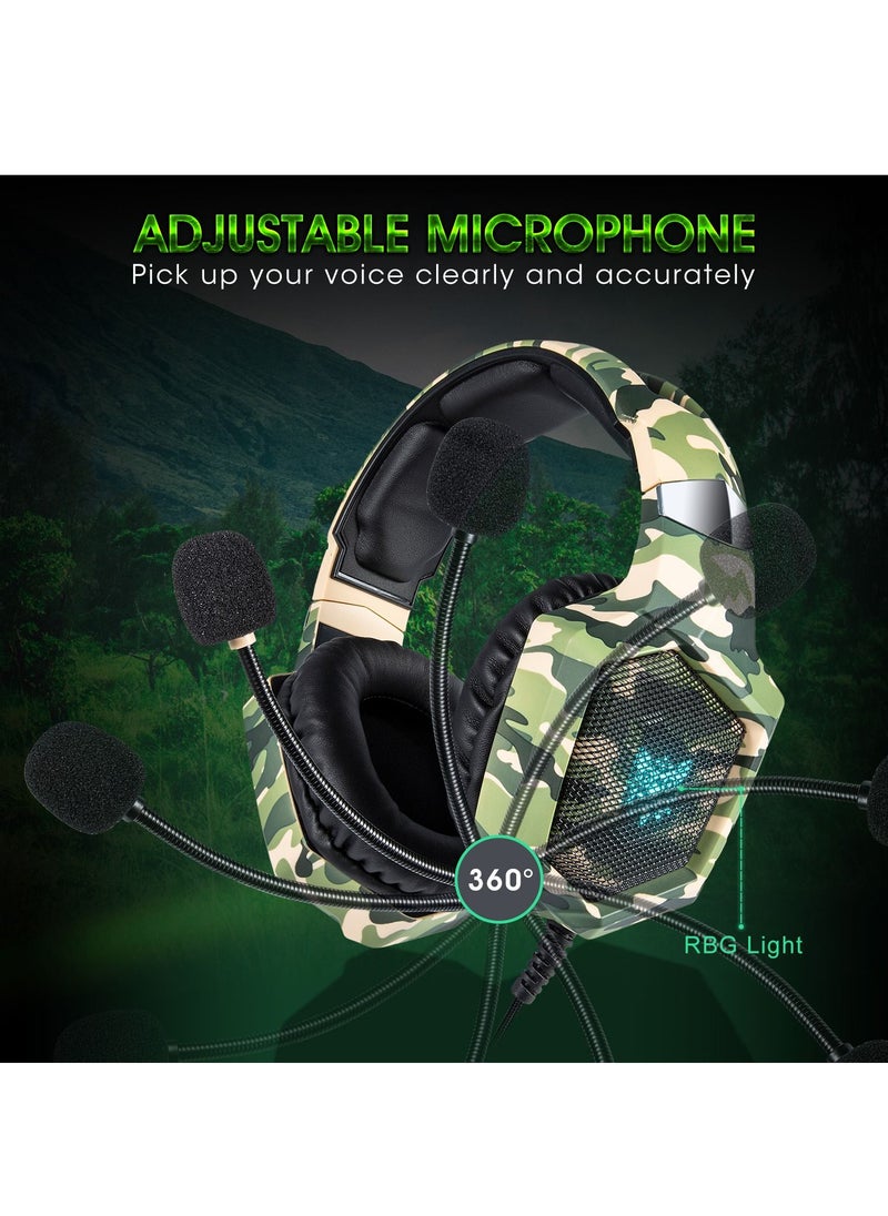 onikuma - Over Ear Bass Stereo Surround Wired Gaming Headphone with Microphone RGB Changing Lights Camouflage - Image 1