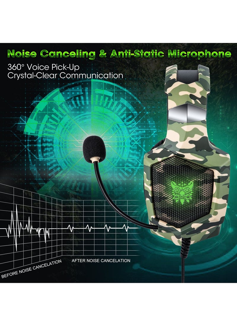 onikuma - Over Ear Bass Stereo Surround Wired Gaming Headphone with Microphone RGB Changing Lights Camouflage - Image 1