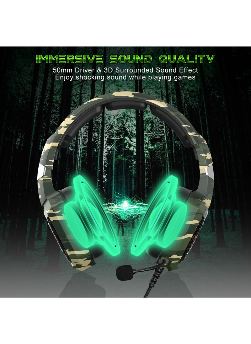onikuma - Over Ear Bass Stereo Surround Wired Gaming Headphone with Microphone RGB Changing Lights Camouflage - Image 1