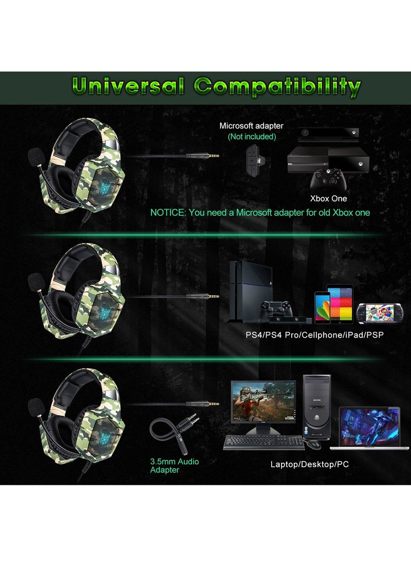onikuma - Over Ear Bass Stereo Surround Wired Gaming Headphone with Microphone RGB Changing Lights Camouflage - Image 1