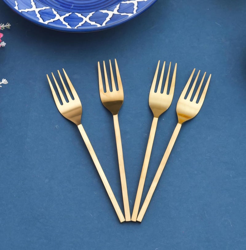 OGGN Iron Fork Set of 4 Fruit Forks for Dining Dessert Forks Table Forks Salad Forks for Home Kitchen Restaurant Square Handle Light Golden - Image 2