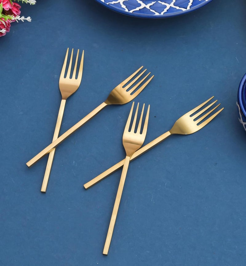 OGGN Iron Fork Set of 4 Fruit Forks for Dining Dessert Forks Table Forks Salad Forks for Home Kitchen Restaurant Square Handle Light Golden - Image 1