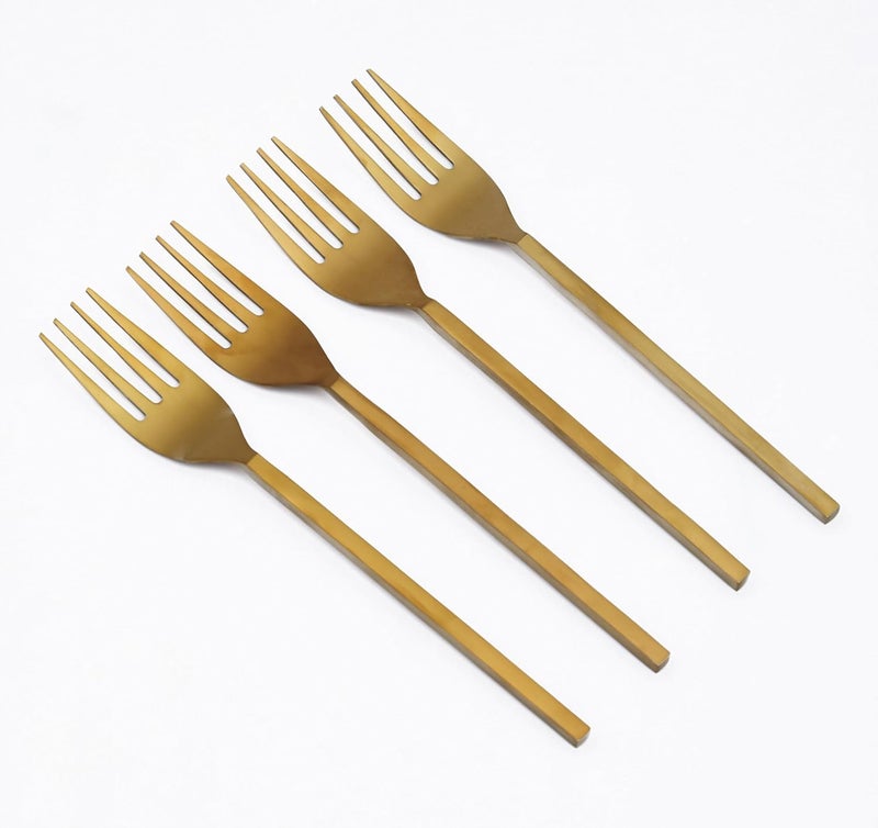 OGGN Iron Fork Set of 4 Fruit Forks for Dining Dessert Forks Table Forks Salad Forks for Home Kitchen Restaurant Square Handle Light Golden - Image 3