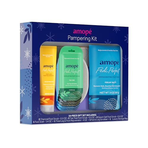 Amope Amopé Pampering Kit - Contains Charcoal Foot Scrub, Tea Tree Foot Scrub, Epsom Salt Foot Scrub, Invigorating Foot Soak, Tired Leg & Foot Rejuvenator, Foot & Leg Scrubber and Luxury Storage Bag - Image 1