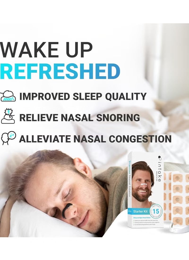 Intake Breathing - Nasal Strip Starter Kit (15 Count, White) - Boost Oxygen Intake, Reduce Snoring, Improve Sleep Quality - Sweat Resistant, Skin Safe Nasal Strips - Extra Strength Snoring Solution - Image 1