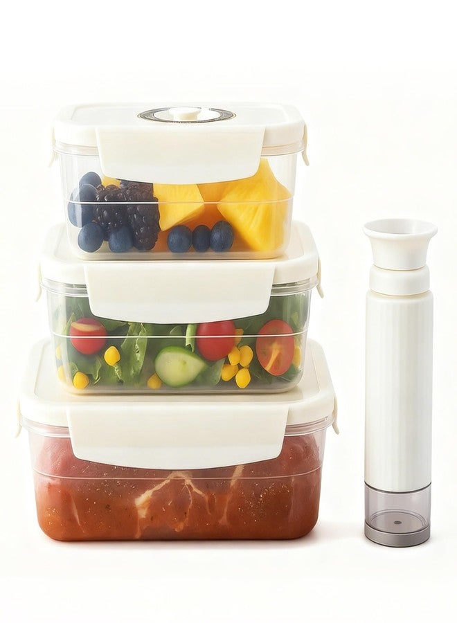 VICARKO 3-Piece Stackable Vacuum Food Storage Containers Set with Hand Pump, 17 oz/ 34 oz/ 68 oz, White, BPA-Free, Airtight, Leakproof, Date Tracker - Image 1