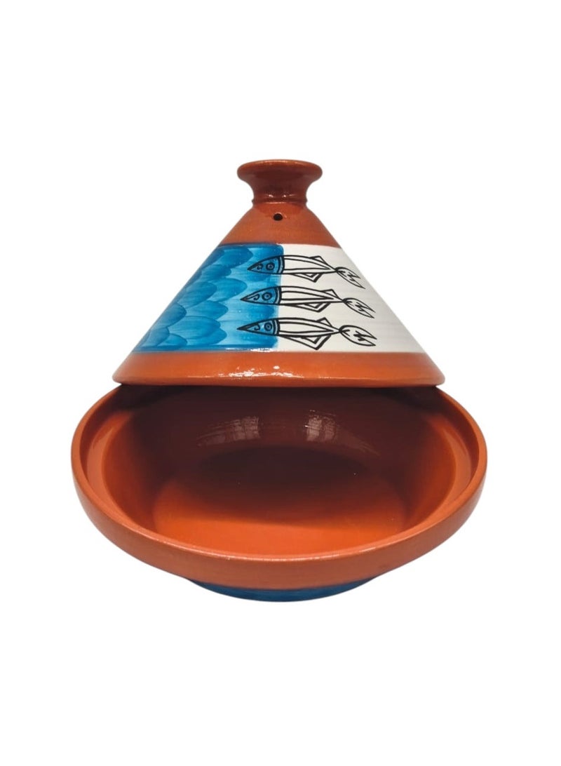 أي كي دي سي AKDC طاجين طيني مع غطاء رسم سمكة سردين أزرق - 22 سم - Image 3