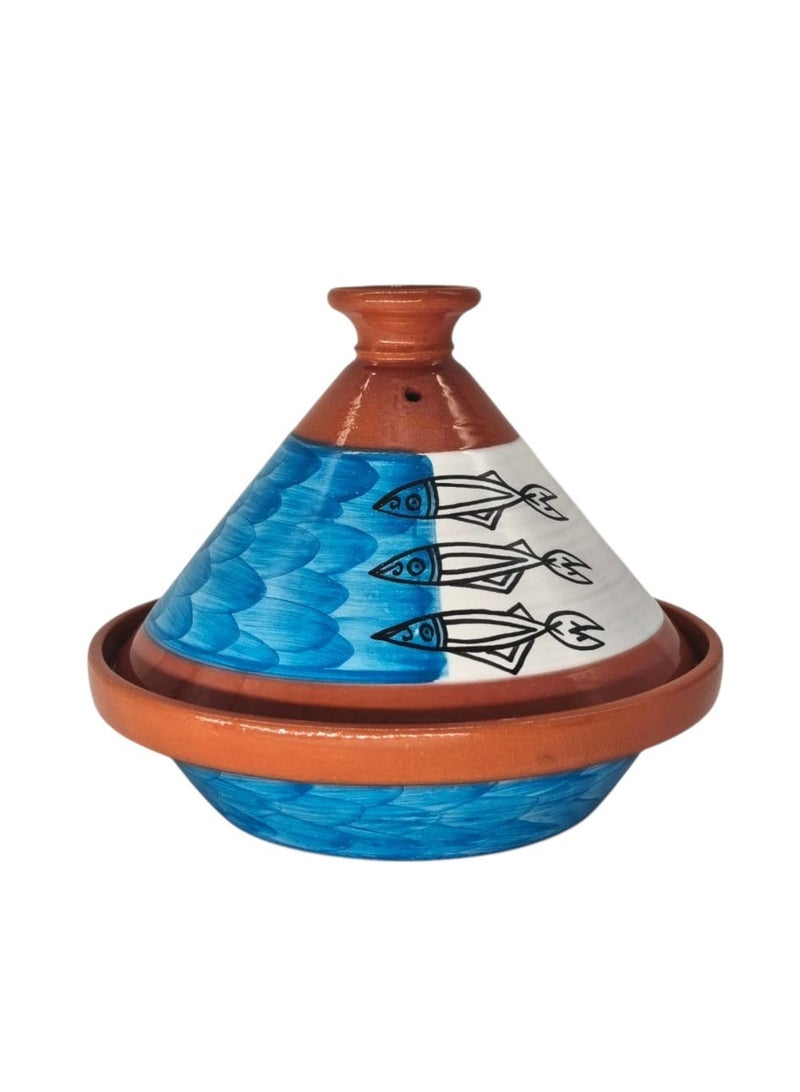 أي كي دي سي AKDC طاجين طيني مع غطاء رسم سمكة سردين أزرق - 22 سم - Image 1