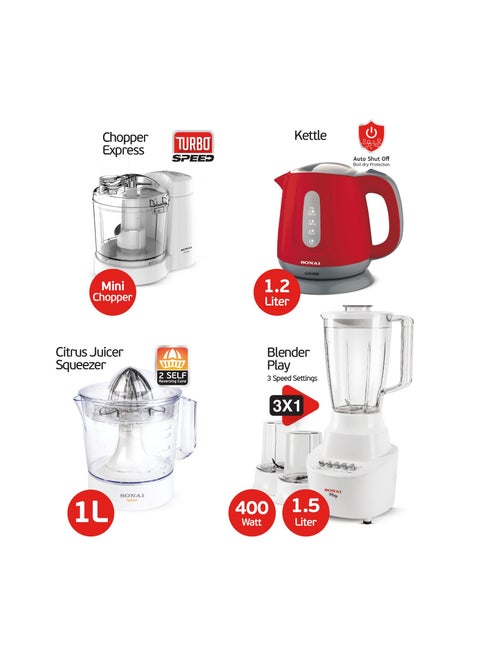 Bundle 4 in 1 Blender 400 Watt, Juicer 1 Liter, Turbo Chopper 350 ml, Kettle 1.2 1100 Watt, Mar-4411