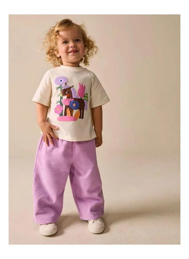 Magu Girls' Cotton Cream Printed T-Shirt and Lilac Pants Set