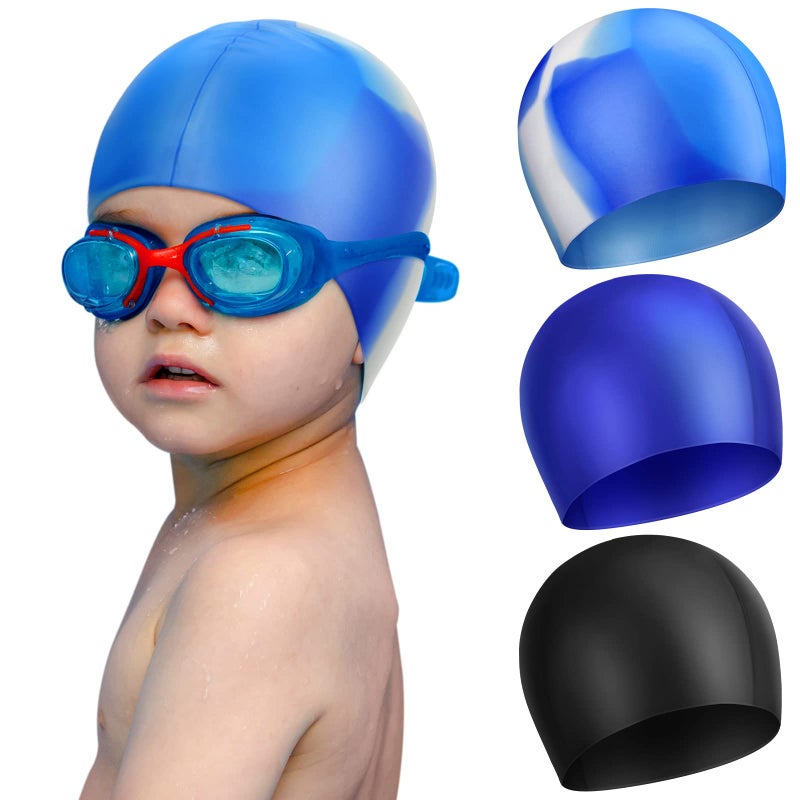 Janmercy 3 Pcs Swim Cap Kids Waterproof Silicone Swimming Caps for Girls Boys Adults Over 5 Years Old Pool Swim Hat for Toddler Children and AdultsStylish Color - Image 2