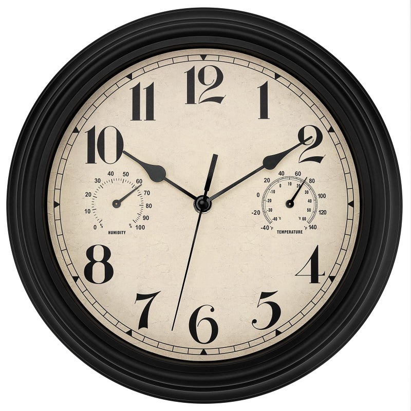 Foxtop Foxtop Indoor Outdoor Waterproof Wall Clock with Thermometer and Hygrometer Combo 12 inch Retro Silent NonTicking Battery Operated Quality Quartz Round Clock for Patio Home Decor Black 