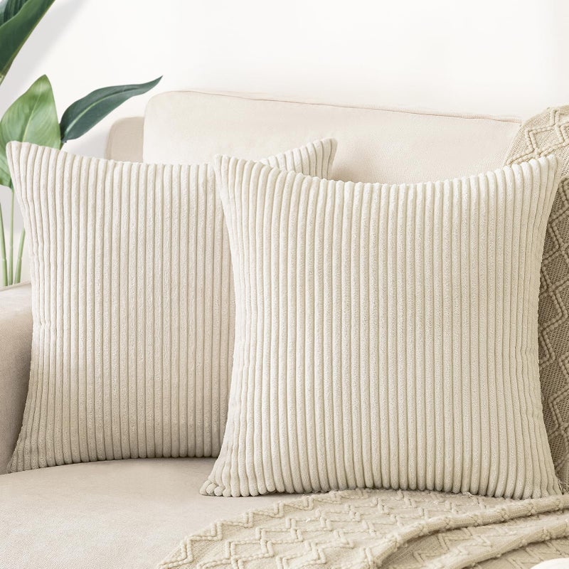 Softalker Throw Pillow Covers 18 x 18, Set of 2 - Cream Spring Decorative Soft Corduroy Striped Boho Beige Pillow Covers, White Cushion Pillow Cases for Farmhouse Decor, Couch, Easter, Bed Living Room - Image 1