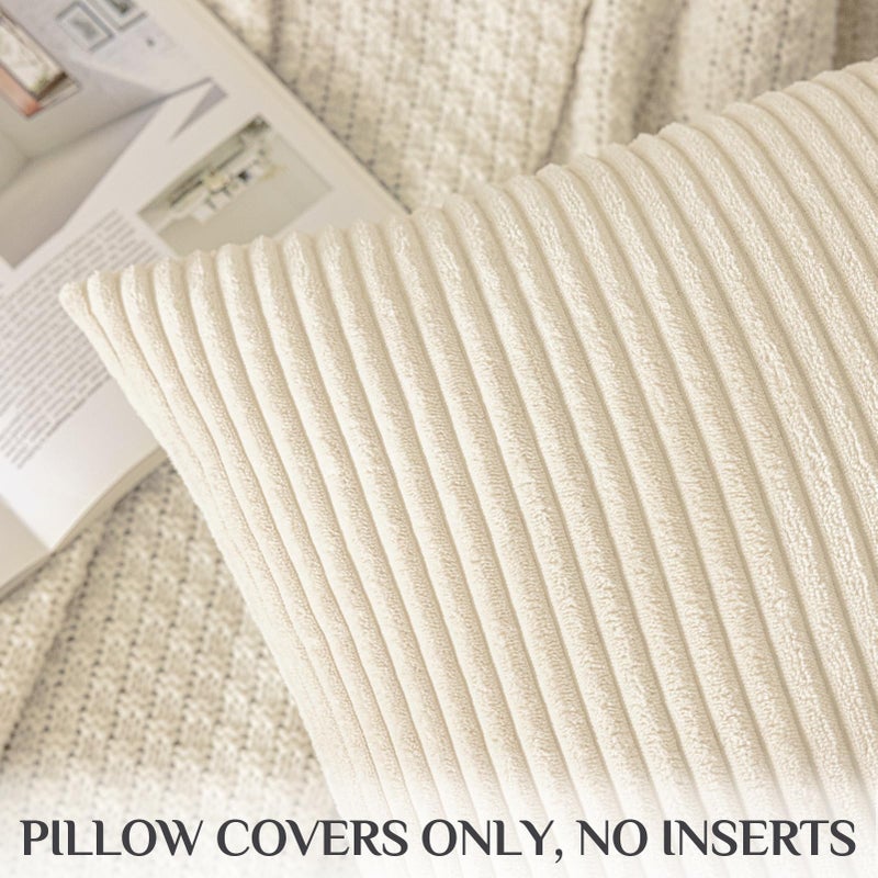 Softalker Throw Pillow Covers 18 x 18, Set of 2 - Cream Spring Decorative Soft Corduroy Striped Boho Beige Pillow Covers, White Cushion Pillow Cases for Farmhouse Decor, Couch, Easter, Bed Living Room - Image 3