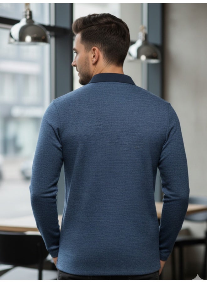 RIGO Blue Ribbed Textured Polo T-Shirt for Men - Image 2