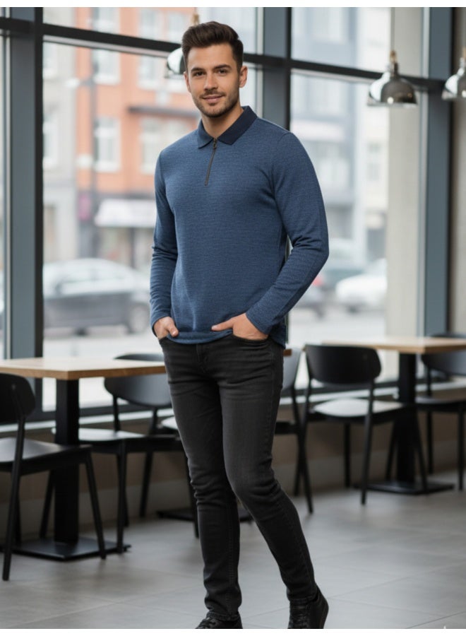 RIGO Blue Ribbed Textured Polo T-Shirt for Men - Image 4
