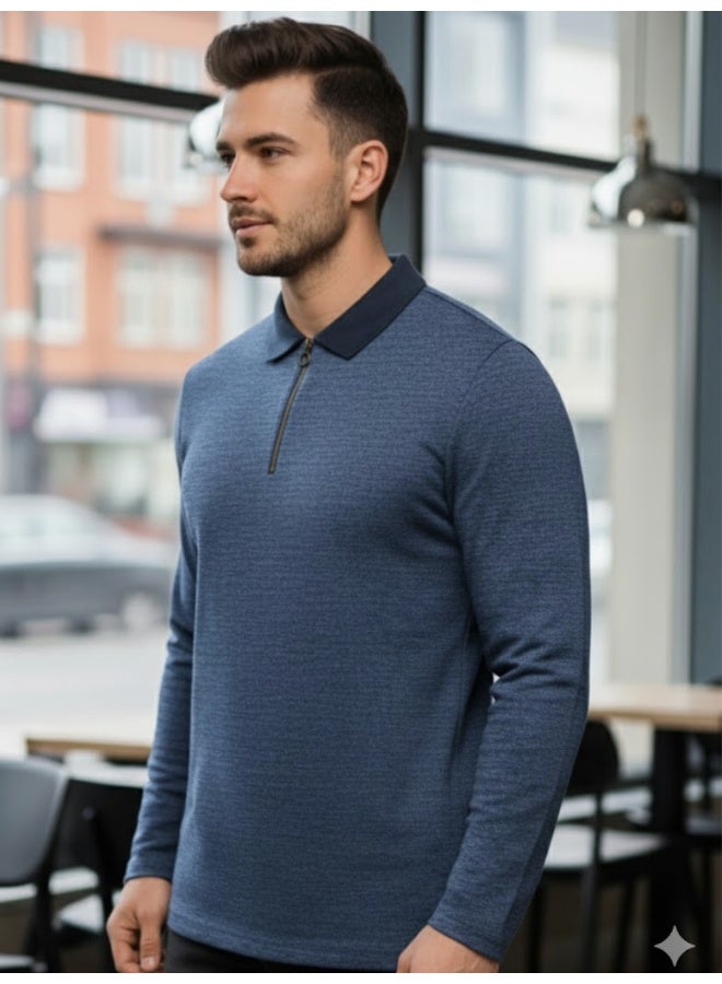 RIGO Blue Ribbed Textured Polo T-Shirt for Men - Image 3