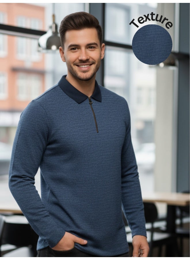RIGO Blue Ribbed Textured Polo T-Shirt for Men - Image 1