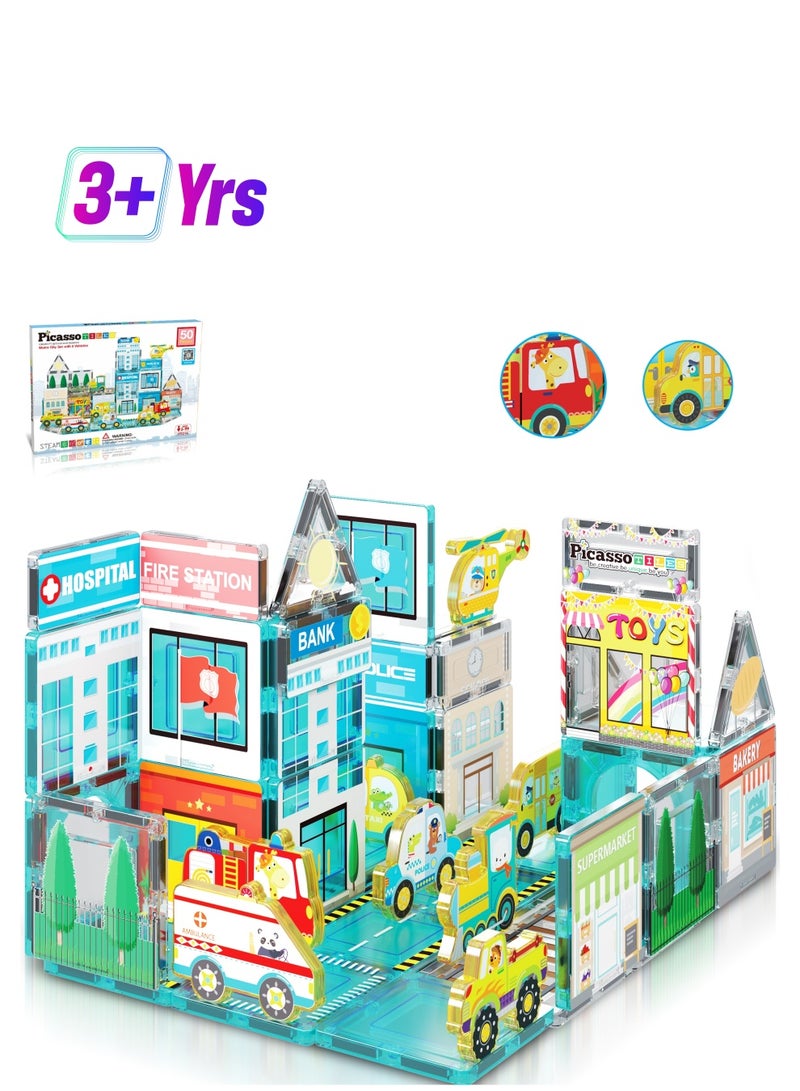 PicassoTiles Picasso Magnetic 3D Metro City Set with 8 Vehicles 50 Pieces | Magnetic Tiles | Building Blocks | Educational Toy Set | Construction Building Kit for Child Brain Development  - Image 1