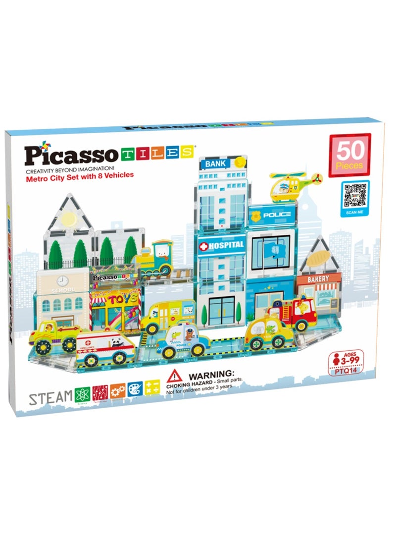 PicassoTiles Picasso Magnetic 3D Metro City Set with 8 Vehicles 50 Pieces | Magnetic Tiles | Building Blocks | Educational Toy Set | Construction Building Kit for Child Brain Development  - Image 2