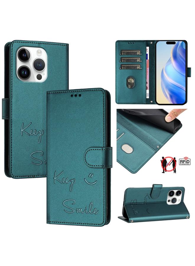 For iPhone 16 Pro Smile Embossing RFID Leather Phone Case(Peacock Green)