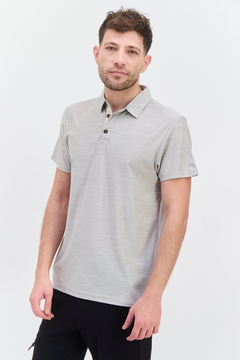 Men Regular Fit Short Sleeve Stripe Polo Shirt, Grey