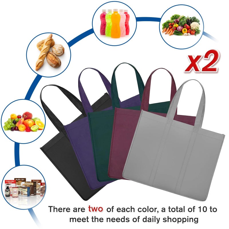 WISELIFE WISELIFE Reusable Grocery Shopping Bags 10 Pack Large Foldable Tote Bags Bulk,Eco Produce Bags with Long Handle for Shopping Groceries Clothes(5 Assorted Colors)  - Image 3