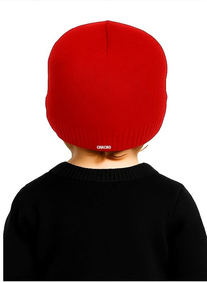 CHACKO Kids Winter Woolen Beanie Cap | Unisex Warm & Soft Skull Hat for Boys & Girls (5 to 10 Years)_Red - Image 2