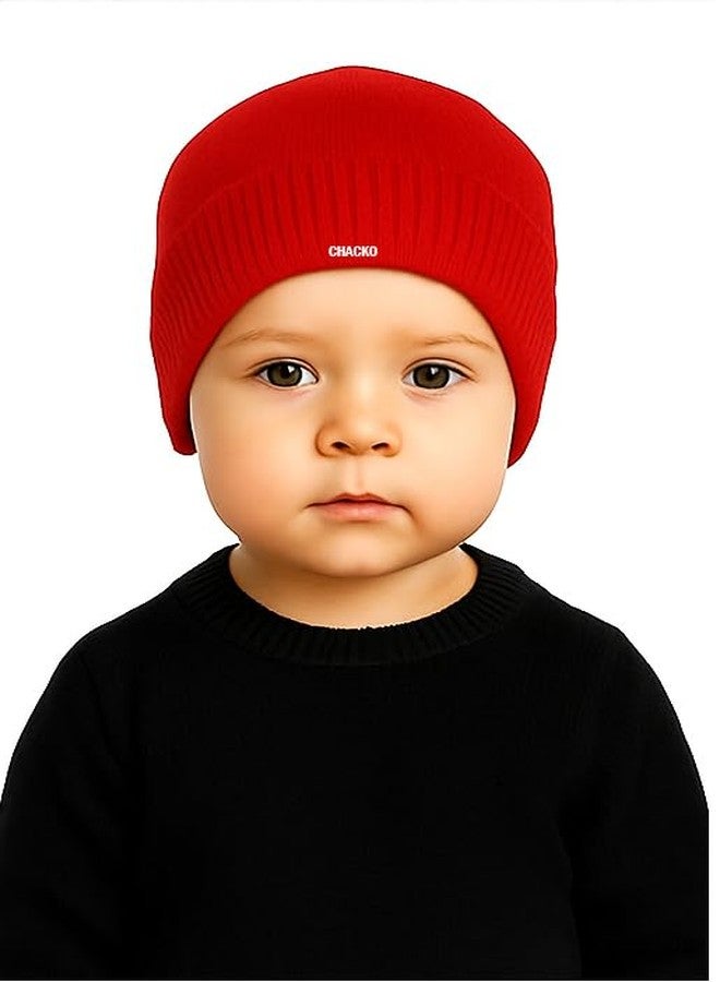 CHACKO Kids Winter Woolen Beanie Cap | Unisex Warm & Soft Skull Hat for Boys & Girls (5 to 10 Years)_Red - Image 1