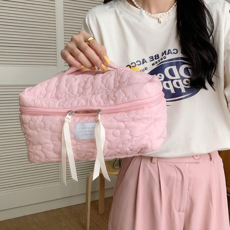 Juoxeepy Cotton Makeup Bag Large Travel Cosmetic Bag Quilted Cosmetic Pouch Coquette Aesthetic Floral Toiletry Bag - Image 3