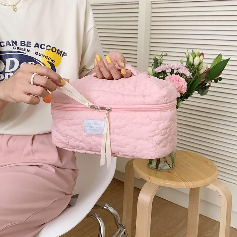Juoxeepy Cotton Makeup Bag Large Travel Cosmetic Bag Quilted Cosmetic Pouch Coquette Aesthetic Floral Toiletry Bag - Image 4