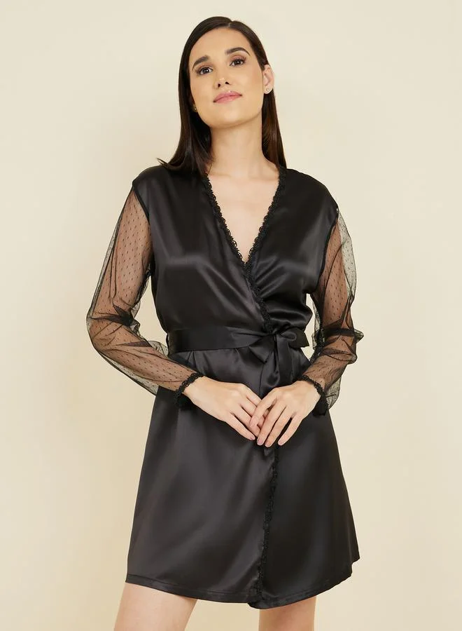 Styli Mesh Sleeves Lace Trim Satin Short Length Robe