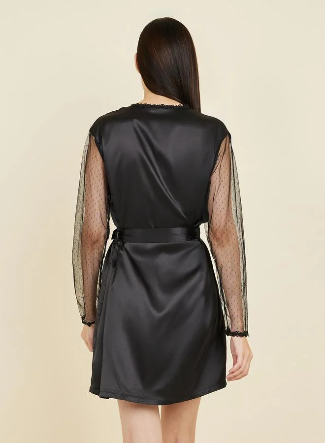 Styli Mesh Sleeves Lace Trim Satin Short Length Robe