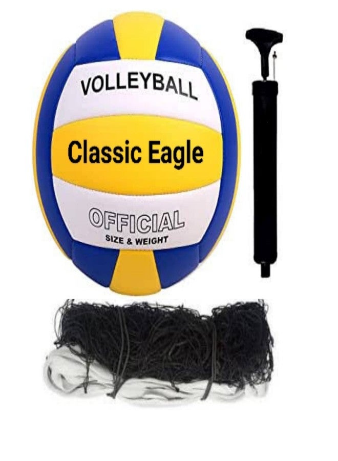 Classic Eagle Pvc Synthetic Rubber Volleyball Size -4 With Air Pump And Nylon Net | Complete Volleyball Kit (Pack of 1) (Multicolour) - Image 1