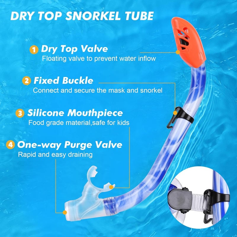 KUYOU Kids Snorkel Set, Children Anti-Fog Diving Mask Swimming Goggles Dry Top Snorkel Equipment Snorkeling Packages Swimming Gear for Youth Boys Girls Age 5-10 - Image 3