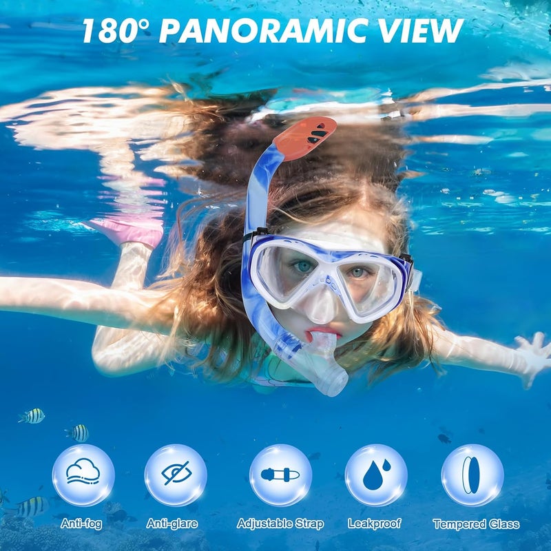 KUYOU Kids Snorkel Set, Children Anti-Fog Diving Mask Swimming Goggles Dry Top Snorkel Equipment Snorkeling Packages Swimming Gear for Youth Boys Girls Age 5-10 - Image 2