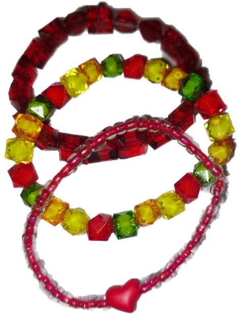 Set of 3 different plastic beads colored elastic bracelets