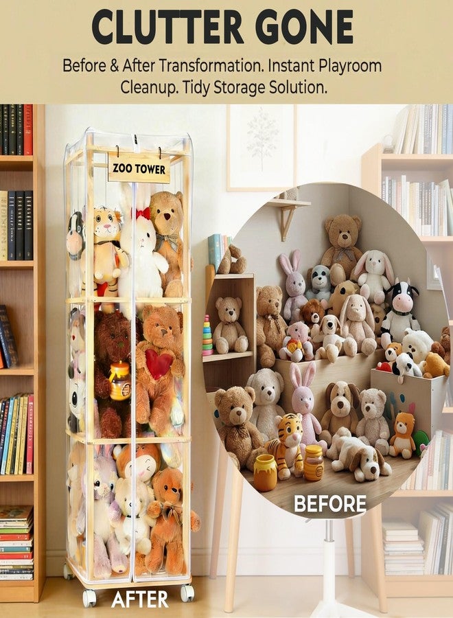 LYMOC Stuffed Animal Storage Zoo Holder with Dust Cover, Thick Wooden Toy Organizer with Brake Wheels & Elastic Band,Large Capacity Kids Toy Storage for Plushies,Perfect for Bedroom Nursery Playroom - Image 2