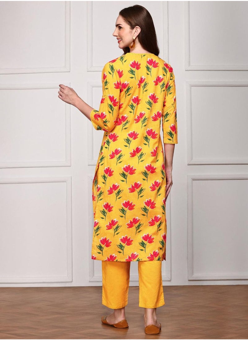 ISHIN Regular Fit Embellished Pattern Round Neck Neck Three-Quarter Sleeve Mustard Colour Knitted Cotton Kurta Set for Women with Mid-Rise Closure - A Statement Piece for Every Look  - Image 5