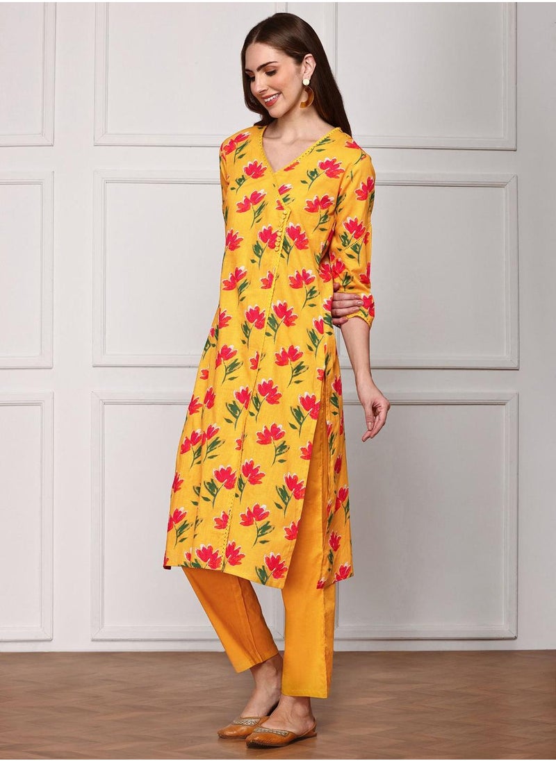 ISHIN Regular Fit Embellished Pattern Round Neck Neck Three-Quarter Sleeve Mustard Colour Knitted Cotton Kurta Set for Women with Mid-Rise Closure - A Statement Piece for Every Look  - Image 1