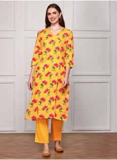 ISHIN Regular Fit Embellished Pattern Round Neck Neck Three-Quarter Sleeve Mustard Colour Knitted Cotton Kurta Set for Women with Mid-Rise Closure - A Statement Piece for Every Look  - Image 2