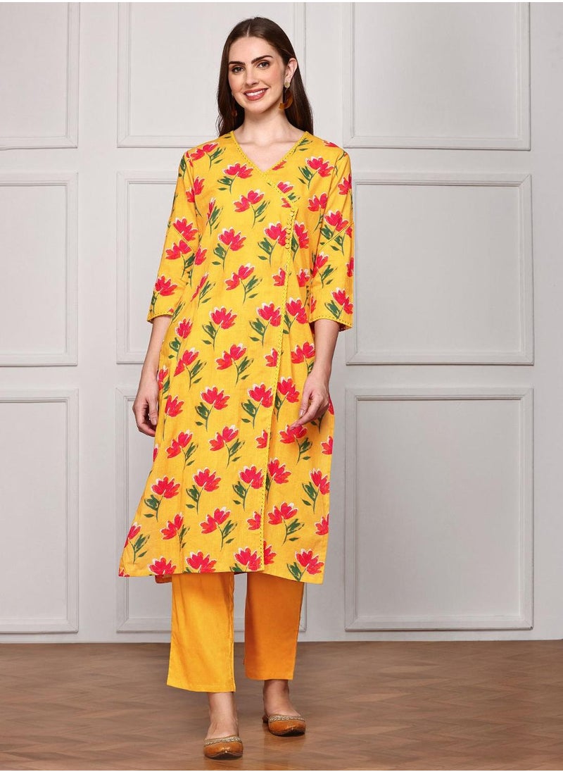 ISHIN Regular Fit Embellished Pattern Round Neck Neck Three-Quarter Sleeve Mustard Colour Knitted Cotton Kurta Set for Women with Mid-Rise Closure - A Statement Piece for Every Look  - Image 2